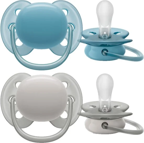 אוונט זוג מוצצי סיליקון 6-18 חודשים Avent Ultra Soft - צבע אפור / כחול
